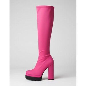 Vivianly Hot Pink Knee High Boots, Black Platform, Pointed Toe, Festival & Rave